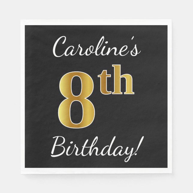 Black, Faux Gold 8th Birthday + Custom Name Napkin (Front)