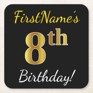 Black, Faux Gold 8th Birthday + Custom Name Square Paper Coaster