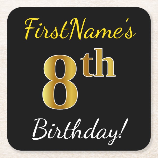 Black, Faux Gold 8th Birthday + Custom Name Square Paper Coaster (Front)