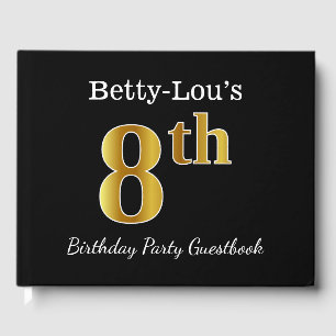 Black, Faux Gold 8th Birthday Party + Custom Name Guest Book