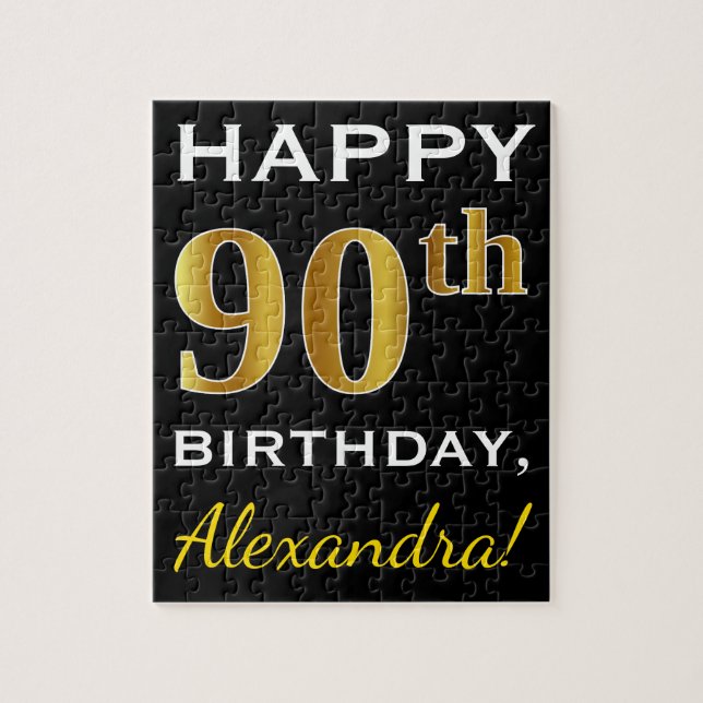 Black, Faux Gold 90th Birthday + Custom Name Jigsaw Puzzle (Vertical)