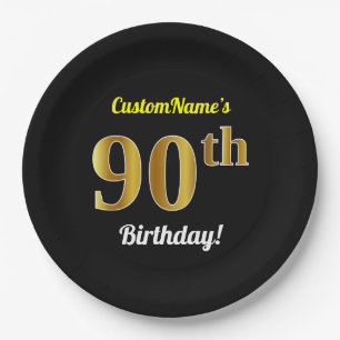 Black, Faux Gold 90th Birthday + Custom Name Paper Plate