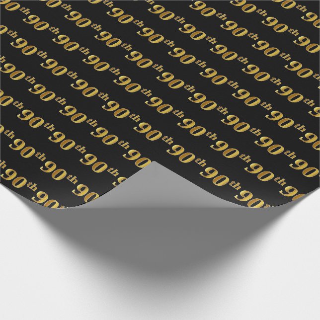 Black, Faux Gold 90th (Ninetieth) Event Wrapping Paper (Corner)