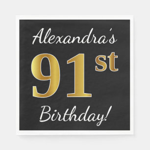 Black, Faux Gold 91st Birthday + Custom Name Napkin