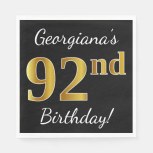 Black, Faux Gold 92nd Birthday + Custom Name Napkin