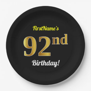 Black, Faux Gold 92nd Birthday + Custom Name Paper Plate