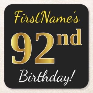 Black, Faux Gold 92nd Birthday + Custom Name Square Paper Coaster