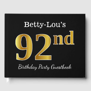 Black, Faux Gold 92nd Birthday Party + Custom Name Guest Book