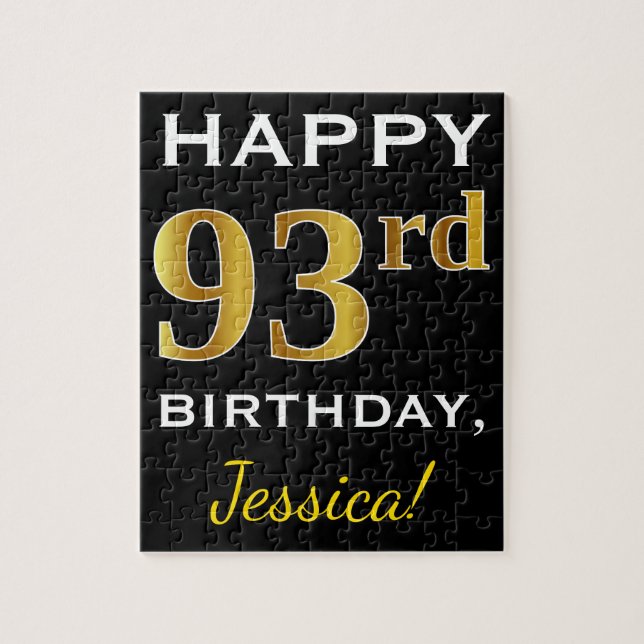 Black, Faux Gold 93rd Birthday + Custom Name Jigsaw Puzzle (Vertical)