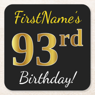 Black, Faux Gold 93rd Birthday + Custom Name Square Paper Coaster