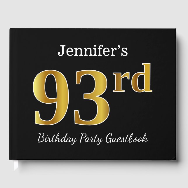 Black, Faux Gold 93rd Birthday Party + Custom Name Guest Book (Front)