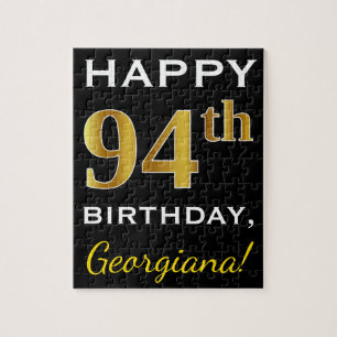Black, Faux Gold 94th Birthday + Custom Name Jigsaw Puzzle