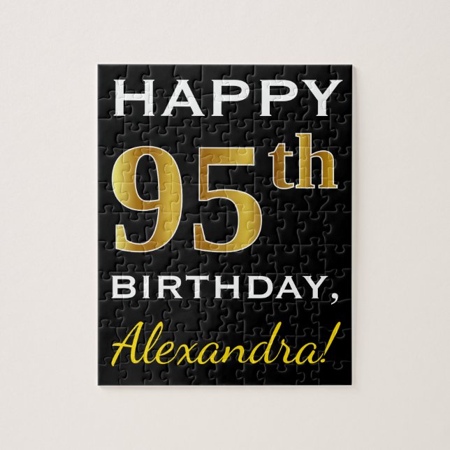 Black, Faux Gold 95th Birthday + Custom Name Jigsaw Puzzle (Vertical)