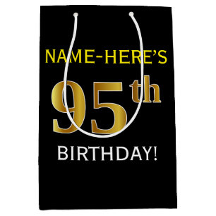 Black, Faux Gold 95th Birthday + Custom Name Medium Gift Bag