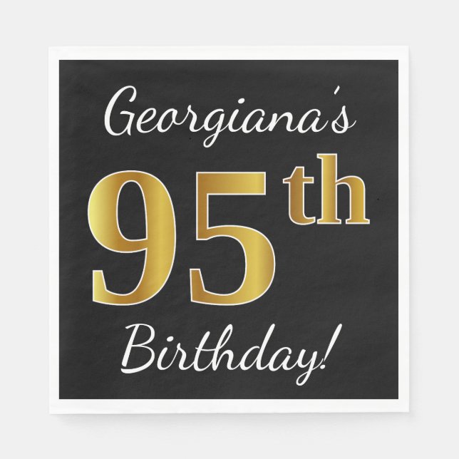 Black, Faux Gold 95th Birthday + Custom Name Napkin (Front)