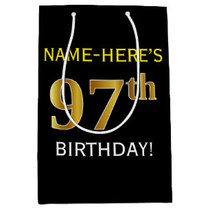 Black, Faux Gold 97th Birthday + Custom Name Medium Gift Bag