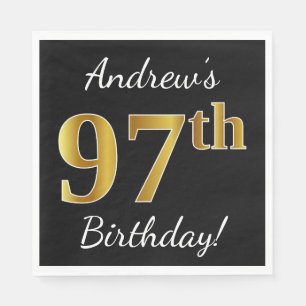 Black, Faux Gold 97th Birthday + Custom Name Napkin
