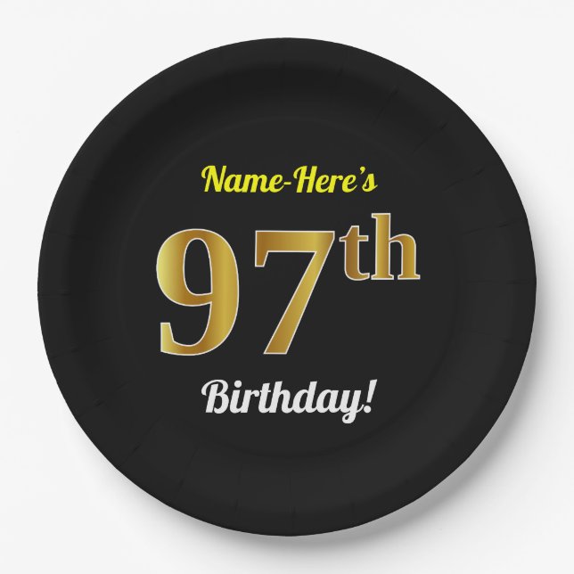 Black, Faux Gold 97th Birthday + Custom Name Paper Plate (Front)