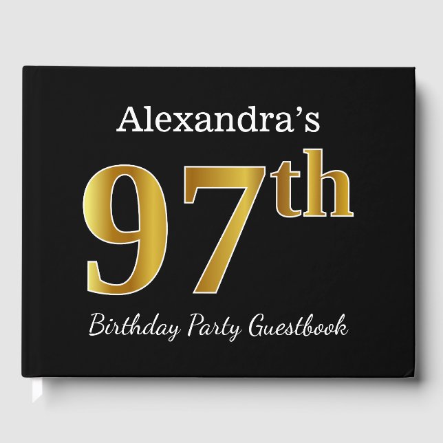 Black, Faux Gold 97th Birthday Party + Custom Name Guest Book (Front)