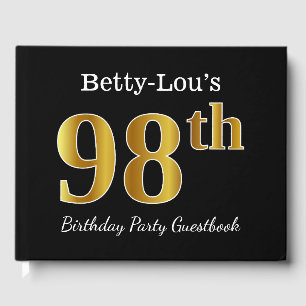 Black, Faux Gold 98th Birthday Party + Custom Name Guest Book