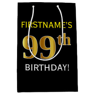 Black, Faux Gold 99th Birthday + Custom Name Medium Gift Bag