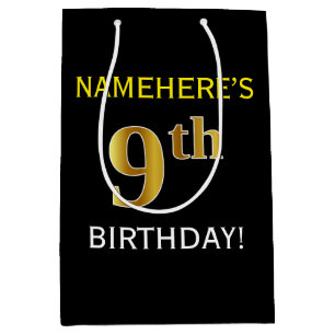 Black, Faux Gold 9th Birthday + Custom Name Medium Gift Bag
