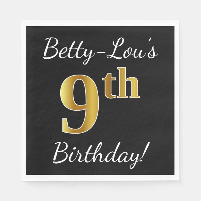 Black, Faux Gold 9th Birthday + Custom Name Napkin (Front)