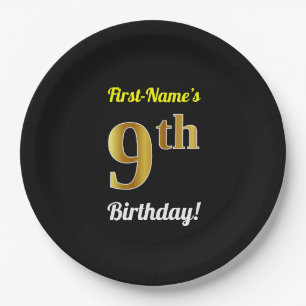 Black, Faux Gold 9th Birthday + Custom Name Paper Plate