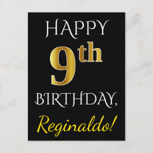 Black, Faux Gold 9th Birthday + Custom Name Postcard