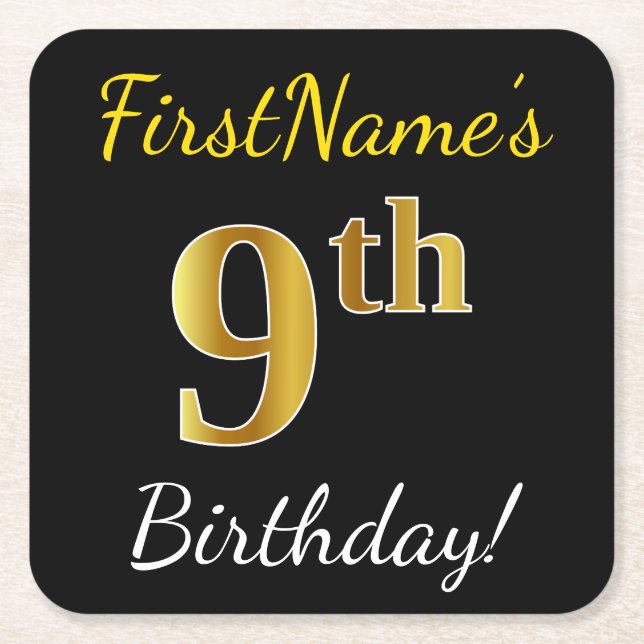 Black, Faux Gold 9th Birthday + Custom Name Square Paper Coaster (Front)