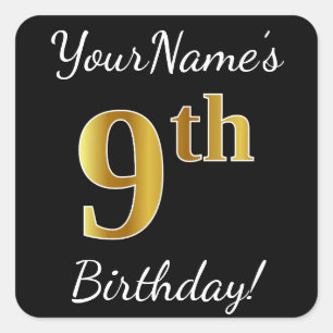Black, Faux Gold 9th Birthday + Custom Name Square Sticker