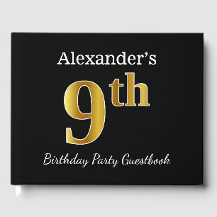 Black, Faux Gold 9th Birthday Party + Custom Name Guest Book