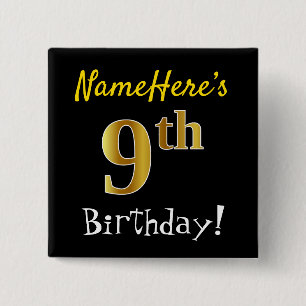 Black, Faux Gold 9th Birthday, With Custom Name 15 Cm Square Badge