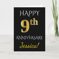 Black, Faux Gold 9th Wedding Anniversary + Name
