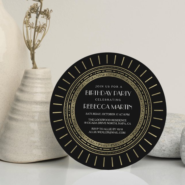 Black & Faux Gold Art Deco Birthday Party Invitation (Creator Uploaded)