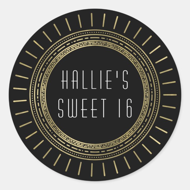Black & Faux Gold Art Deco Style Sweet Sixteen Classic Round Sticker (Front)