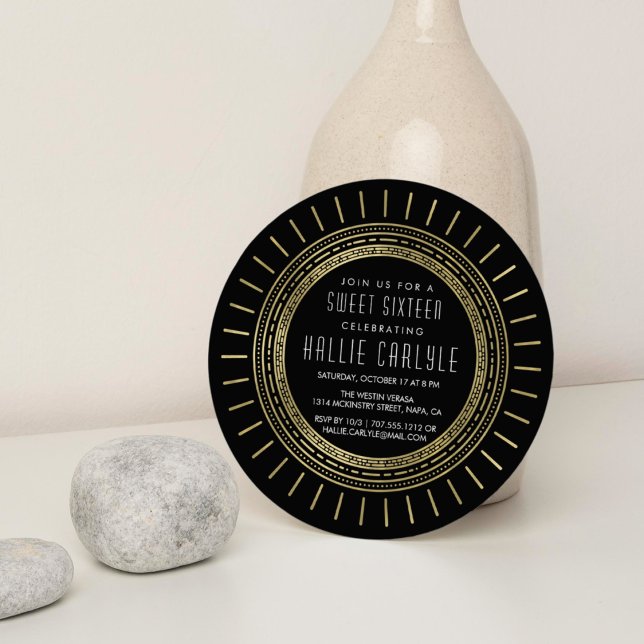 Black & Faux Gold Art Deco Style Sweet Sixteen Invitation (Creator Uploaded)