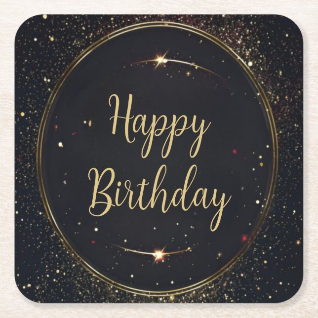 Black & Faux Gold Birthday Paper Coaster (Front)