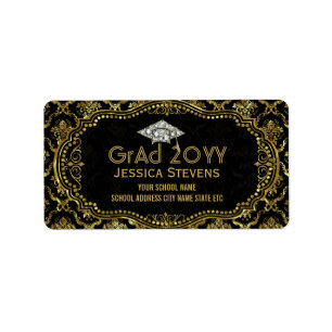 Black & Faux Gold Damasks & Glitter Grad Hat 2 Label