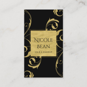 Black & Faux Gold Floral Swirl Elegant Business Card