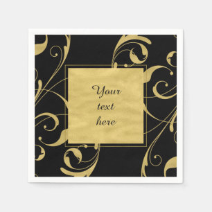 Black & Faux Gold Floral Swirl Elegant Wedding Napkin