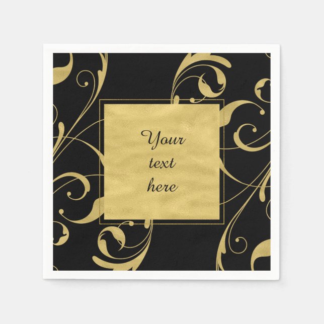 Black & Faux Gold Floral Swirl Elegant Wedding Napkin (Front)
