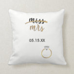 Black & Faux Gold Foil Miss Mrs. Name Date Pillow<br><div class="desc">Isn't this cute! Super trendy black, white and faux gold foil reversible pillow with 'miss' and 'mrs' in a cute handlettered script font, with 'miss' lined through with a faux gold foil swipe, and faux gold foil diamond ring in the bottom right. In between is a text box for you...</div>