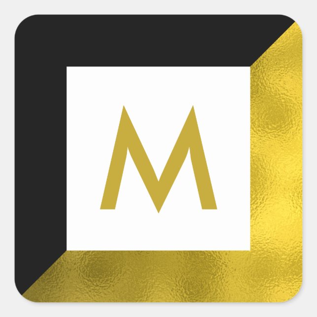 Black Faux Gold Foil Monogram Square Sticker (Front)