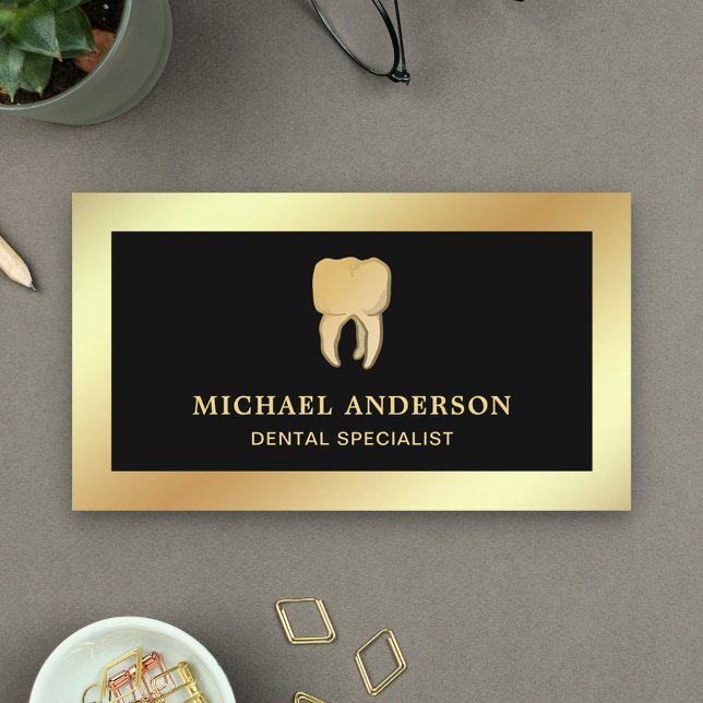 Black Faux Gold Foil Tooth Dental Clinic Dentist Business Card (Creator Uploaded)