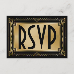 Black & Faux Gold Gatsby Geometric Wedding RSVP Card