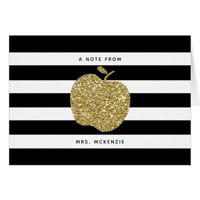 Black & Faux Gold Glitter Apple Teacher Notecards (Front Horizontal)