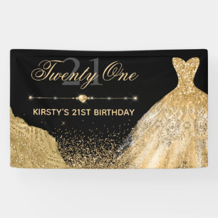 Black & Faux Gold Glitter & Dress 21st Birthday Banner