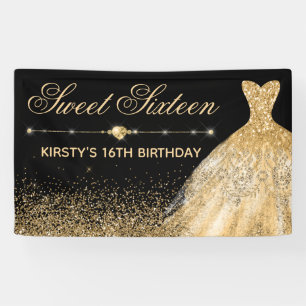 Black & Faux Gold Glitter & Dress Sweet 16 Banner