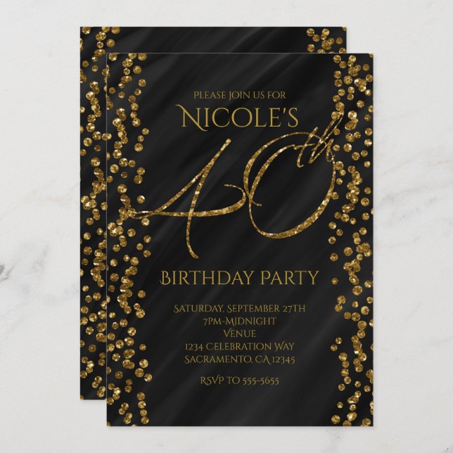 Black & Faux Gold Glitter Glam 40 40th Birthday Invitation (Front/Back)